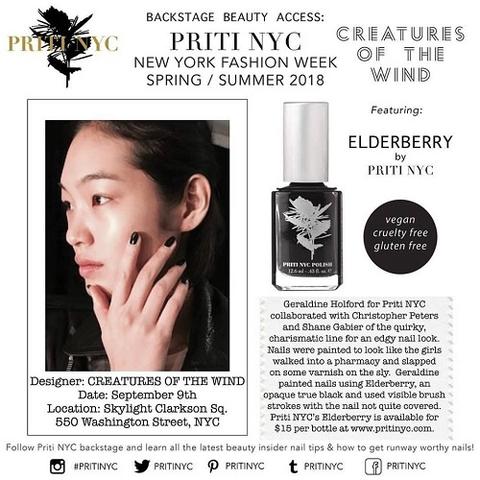 PRITI NYC 603 Elderberry neglelak på New York Fashion week forår sommer 2018 for CREATURES OF THE WIND